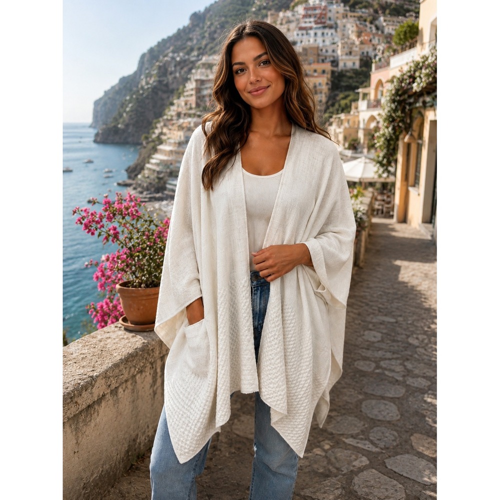 Mersea Cardigan Wrap OS Ivory Cotton Linen Textured Travel Coastal Boho Luxe